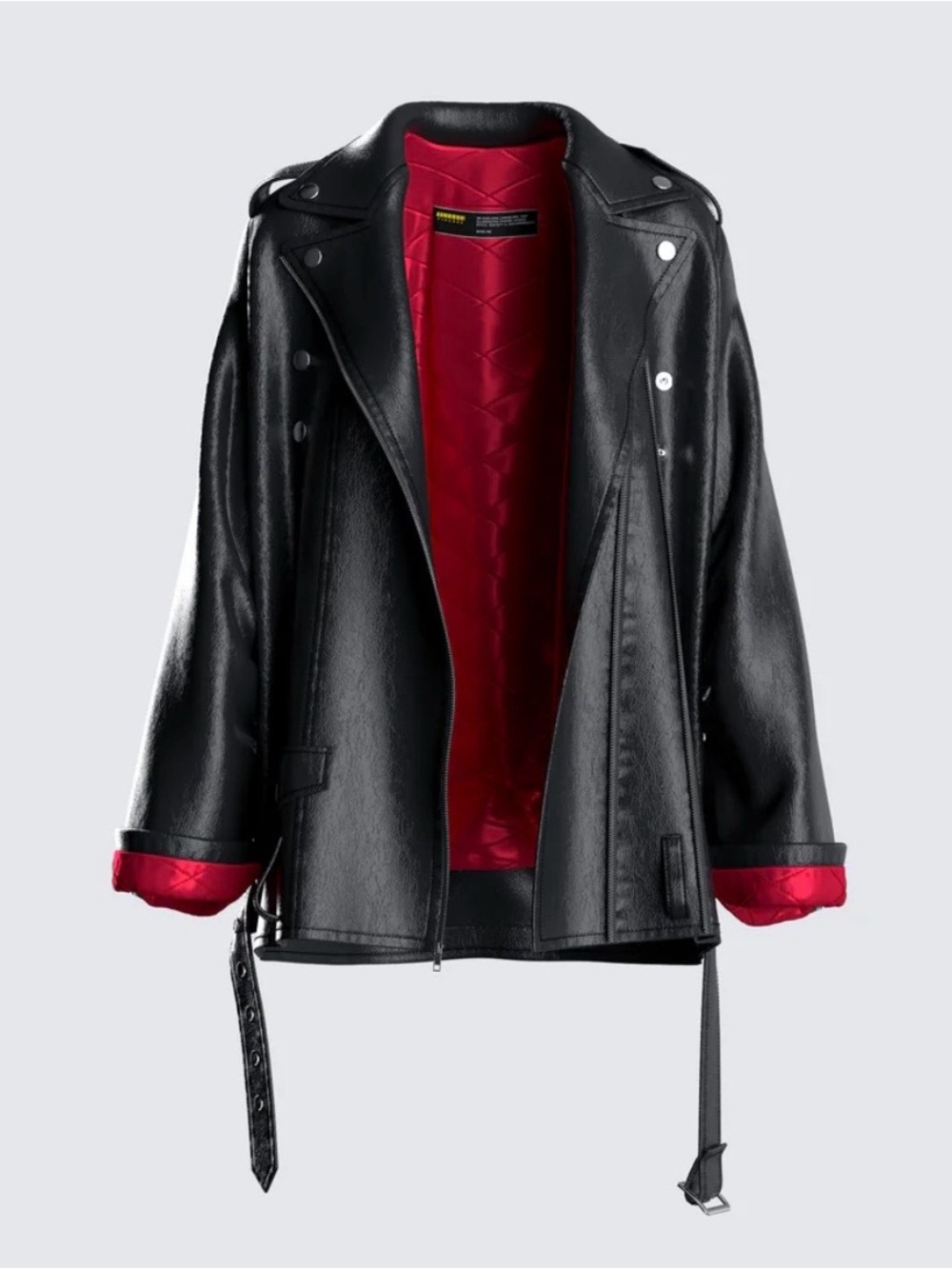 Finesse Black Faux Leather Moto Jacket with Red Lining